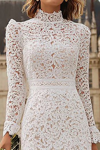 Ivory Ruffled High Neck Lace Midi Engagement Dress with Sleeves