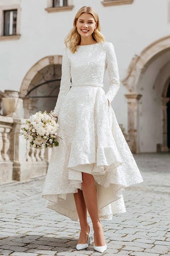 Ivory Boat Neck A Line High-Low Engagement Dress with Pockets