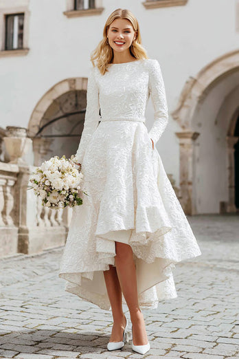 Ivory Boat Neck A Line High-Low Engagement Dress with Pockets