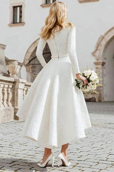 Ivory Boat Neck A Line High-Low Engagement Dress with Pockets