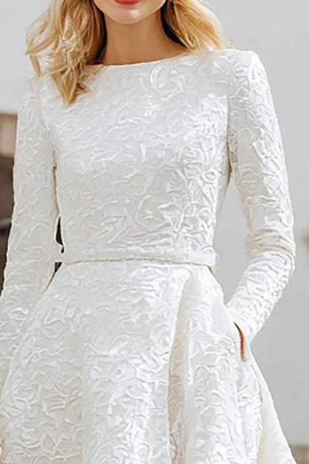 Ivory Boat Neck A Line High-Low Engagement Dress with Pockets