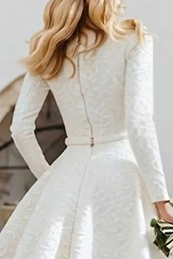 Ivory Boat Neck A Line High-Low Engagement Dress with Pockets