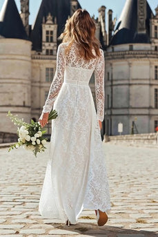 Ivory Lace Floor Length High Neck Wedding Dress with Sleeves