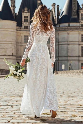 Ivory Lace Floor Length High Neck Wedding Dress with Sleeves