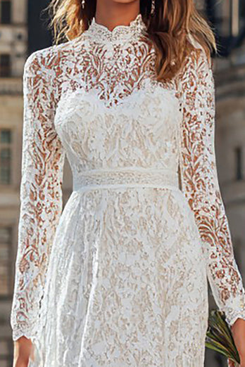 Ivory Lace Floor Length High Neck Wedding Dress with Sleeves