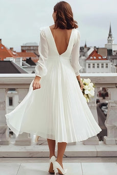 Ivory V-Neck A Line Midi Engagement Dress with Slit