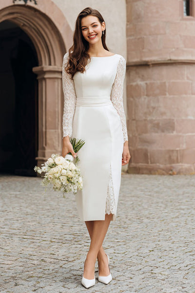 Women Ivory Midi Wedding Reception Dress with Lace Satin Boat Neck Bodycon Bridal Dress with Sleeves