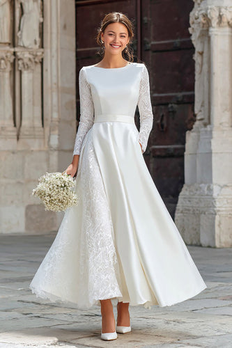 Ivory A Line Long Sleeves Boat Neck Engagement Dress with Pockets