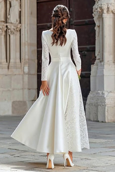Ivory A Line Long Sleeves Boat Neck Engagement Dress with Pockets