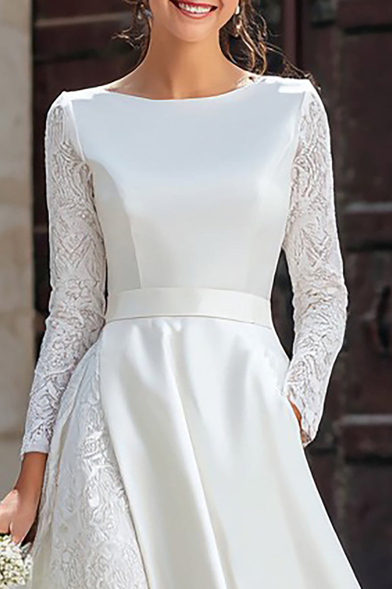 Load image into Gallery viewer, Ivory A Line Long Sleeves Boat Neck Engagement Dress with Pockets