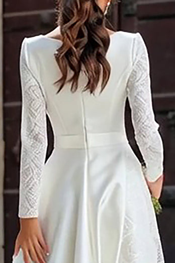 Ivory A Line Long Sleeves Boat Neck Engagement Dress with Pockets
