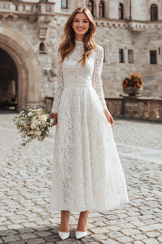 Ivory A Line Lace Long Sleeves Wedding Dress