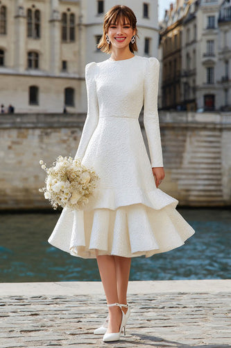 Ivory Midi A Line Long Sleeves Bridal Dress with Ruffles