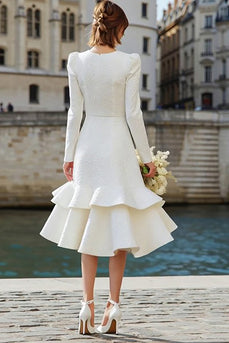 Ivory Midi A Line Long Sleeves Bridal Dress with Ruffles