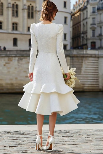 Ivory Midi A Line Long Sleeves Bridal Dress with Ruffles