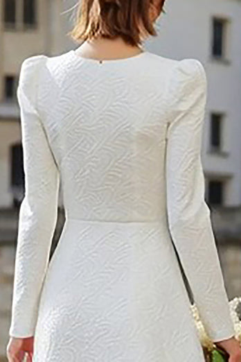 Ivory Midi A Line Long Sleeves Bridal Dress with Ruffles