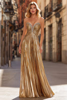 Load image into Gallery viewer, Sparkly Gold Pleated Strapless Beaded Long Prom Dress