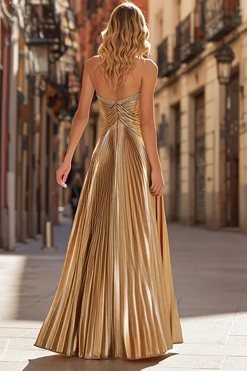 Load image into Gallery viewer, Sparkly Gold Pleated Strapless Beaded Long Prom Dress