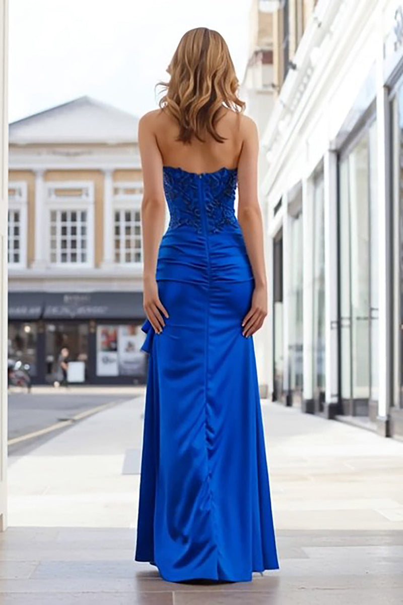 Load image into Gallery viewer, Royal Blue Strapless Long Appliqued Prom Dress with Slit