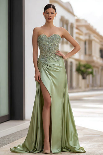 Sage Green Satin Strapless Appliqued Long Prom Dress with Slit