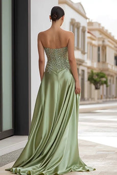 Sage Green Satin Strapless Appliqued Long Prom Dress with Slit