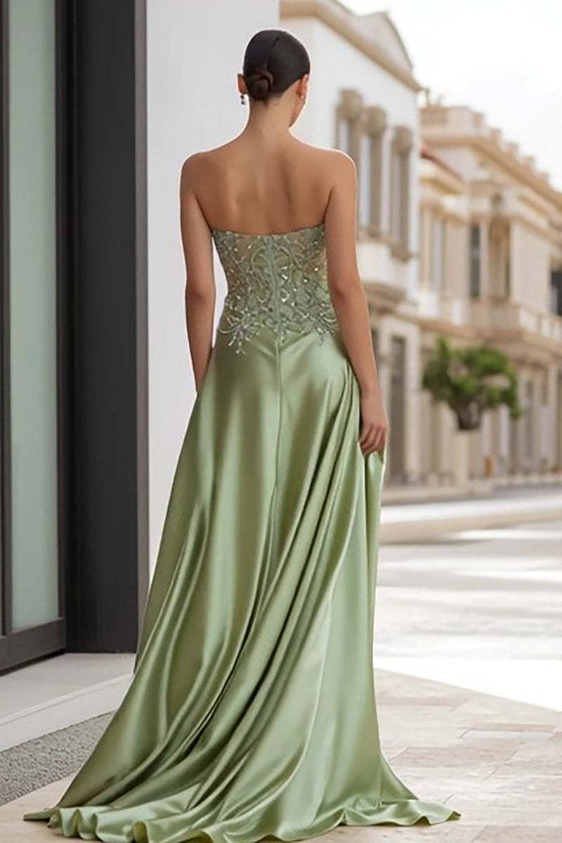 Load image into Gallery viewer, Sage Green Satin Strapless Appliqued Long Prom Dress with Slit