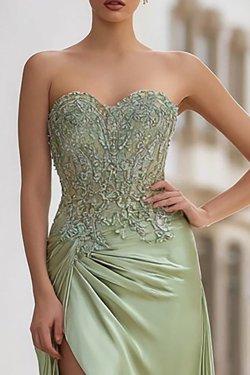 Load image into Gallery viewer, Sage Green Satin Strapless Appliqued Long Prom Dress with Slit
