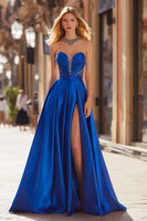 Load image into Gallery viewer, Sparkly Royal Blue Strapless Beaded Long Prom Dress with Slit