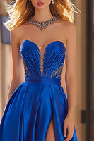 Load image into Gallery viewer, Sparkly Royal Blue Strapless Beaded Long Prom Dress with Slit