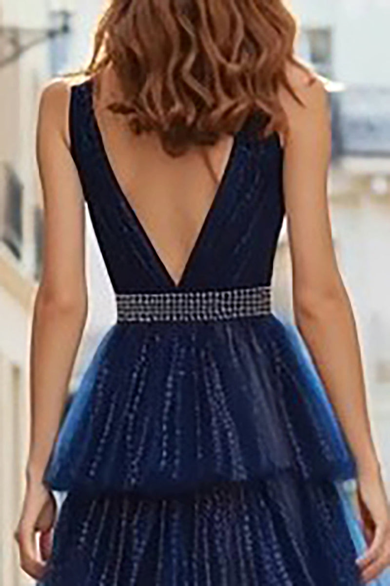 Load image into Gallery viewer, Sparkly Navy Beaded Ruffled Tulle Long Prom Dress