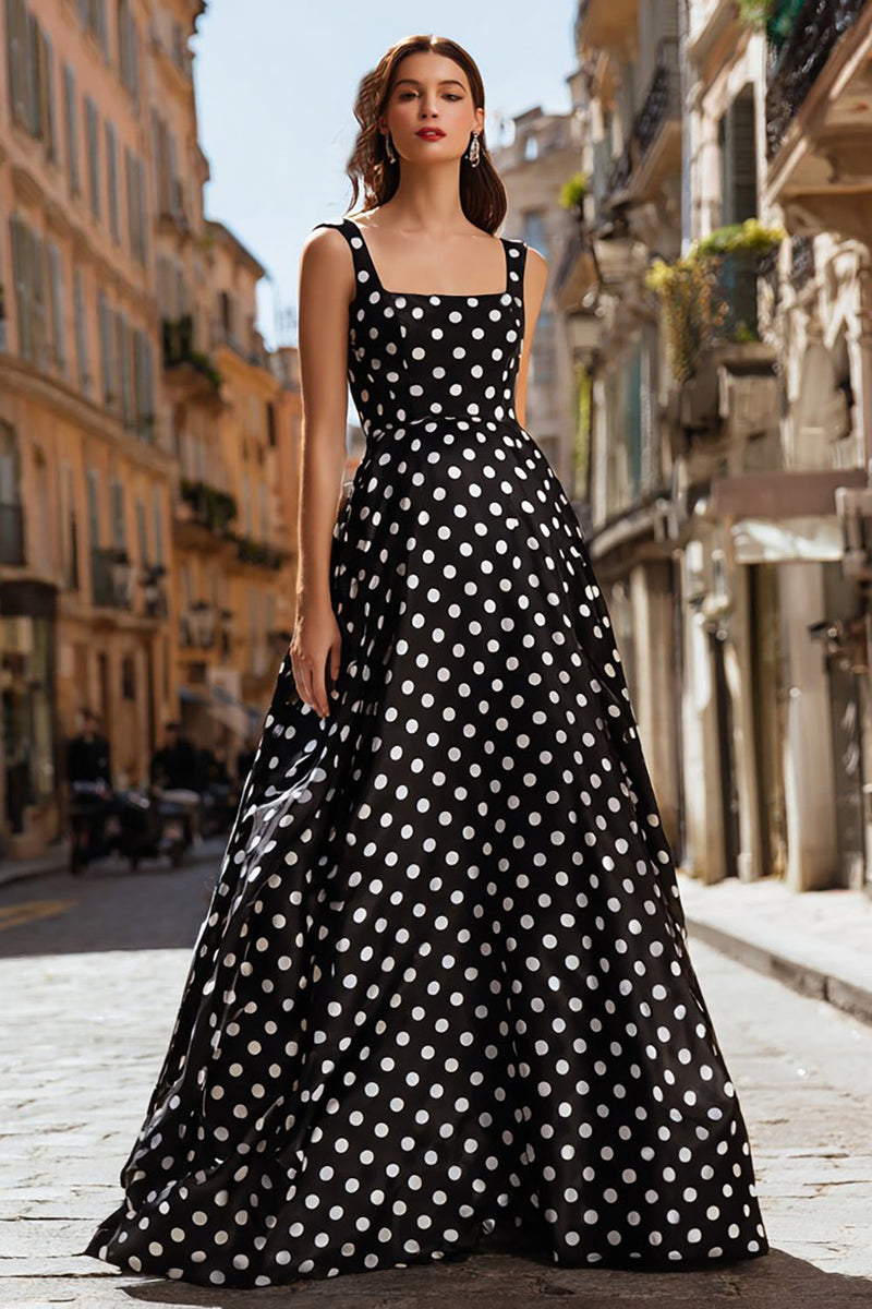 Load image into Gallery viewer, Black and White Satin Polka Dots Long Prom Dress