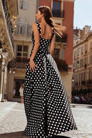 Load image into Gallery viewer, Black and White Satin Polka Dots Long Prom Dress