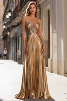 Load image into Gallery viewer, Sparkly Gold Pleated Strapless Metallic Long Prom Dress
