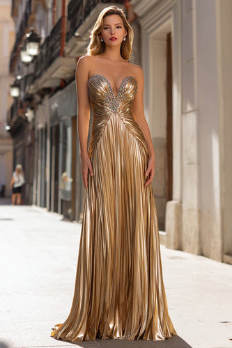 Sparkly Gold Pleated Strapless Metallic Long Prom Dress
