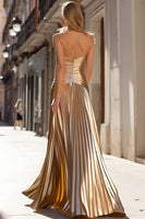 Load image into Gallery viewer, Sparkly Gold Pleated Strapless Metallic Long Prom Dress