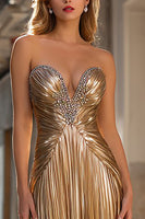 Load image into Gallery viewer, Sparkly Gold Pleated Strapless Metallic Long Prom Dress