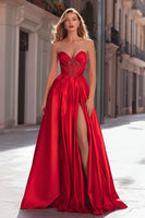 Load image into Gallery viewer, Sparkly Red Satin Strapless Beaded Long Prom Dress with Slit