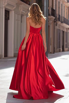 Sparkly Red Satin Strapless Beaded Long Prom Dress with Slit