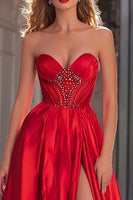 Load image into Gallery viewer, Sparkly Red Satin Strapless Beaded Long Prom Dress with Slit