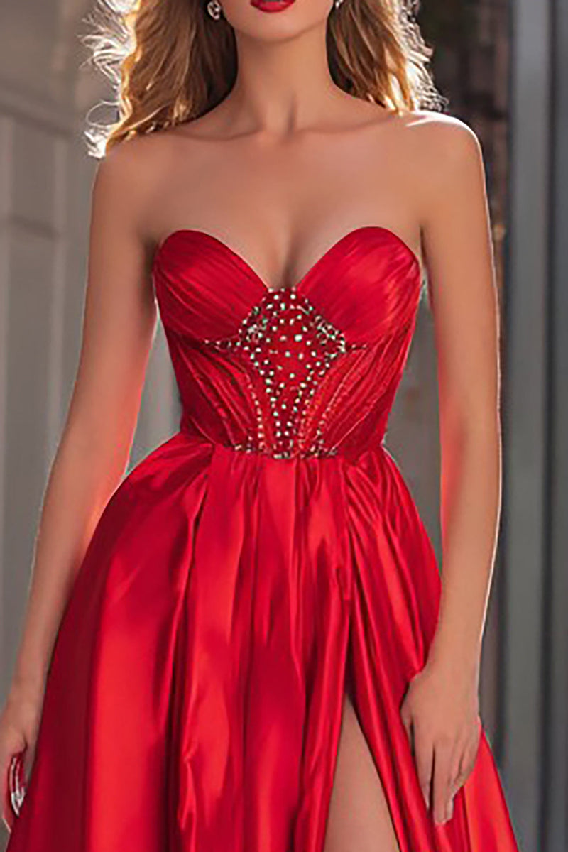 Load image into Gallery viewer, Sparkly Red Satin Strapless Beaded Long Prom Dress with Slit