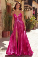 Load image into Gallery viewer, Sparkly Fuchsia Pleated Spaghetti Straps Metallic Long Prom Dress with Slit