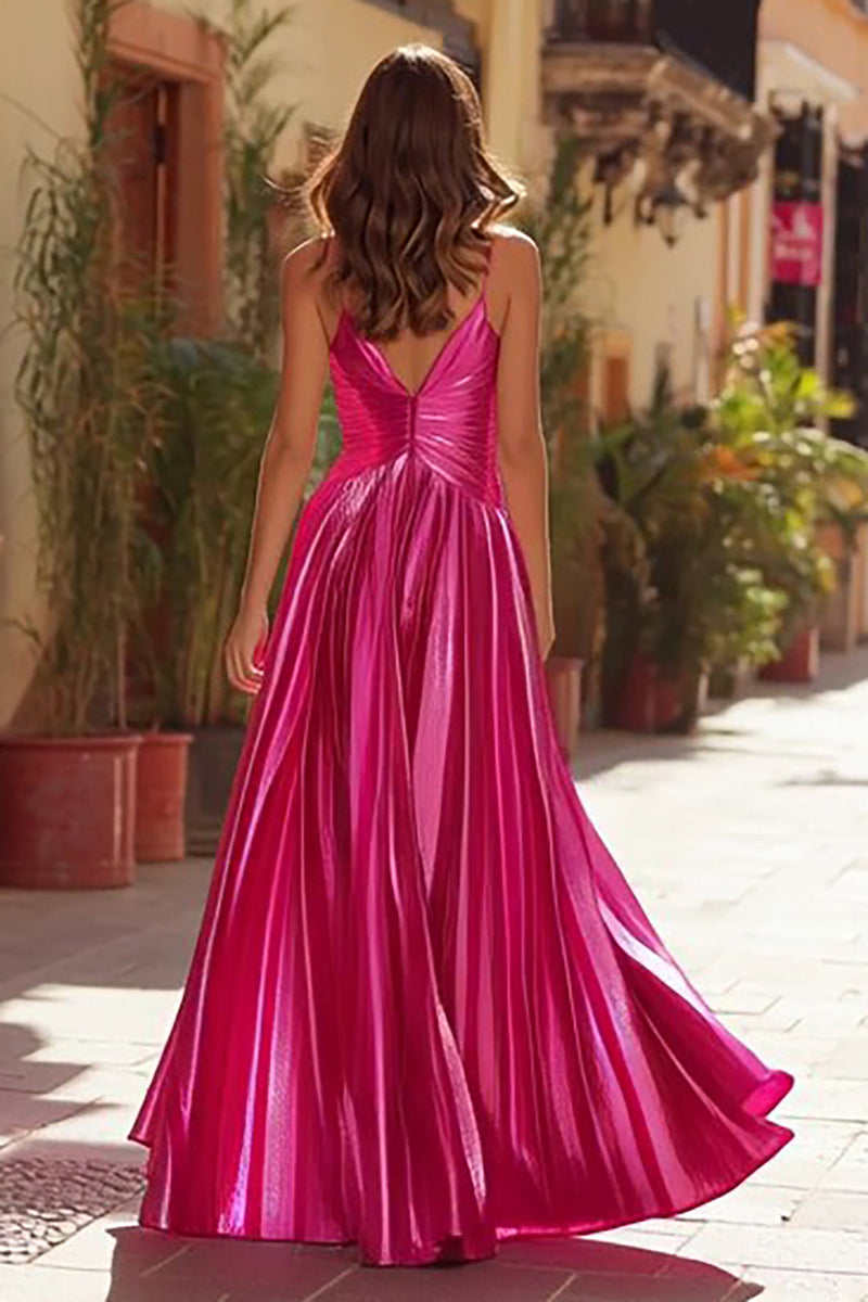 Load image into Gallery viewer, Sparkly Fuchsia Pleated Spaghetti Straps Metallic Long Prom Dress with Slit