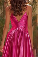 Load image into Gallery viewer, Sparkly Fuchsia Pleated Spaghetti Straps Metallic Long Prom Dress with Slit