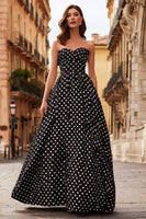 Load image into Gallery viewer, Black and White Polka Dots A Line Strapless Long Prom Dress