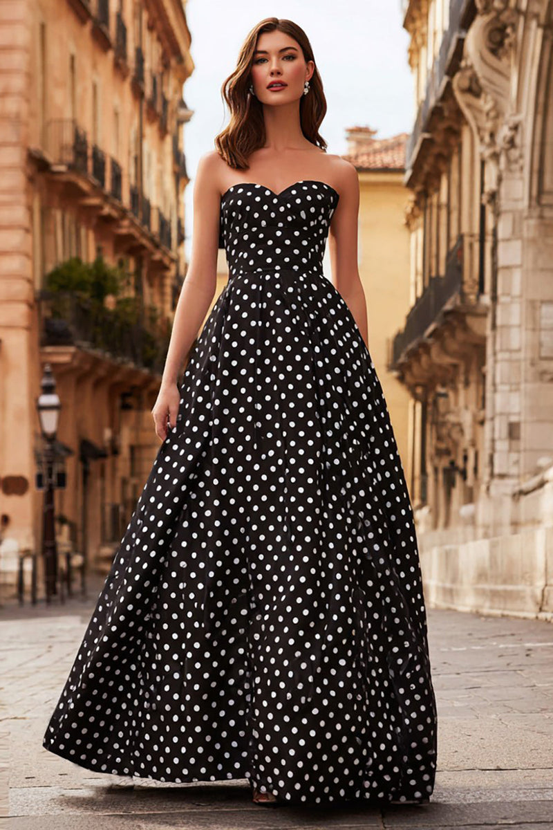 Load image into Gallery viewer, Black and White Polka Dots A Line Strapless Long Prom Dress