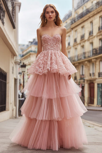 Pink Tulle Strapless Long Ruffled Prom Dress with Lace