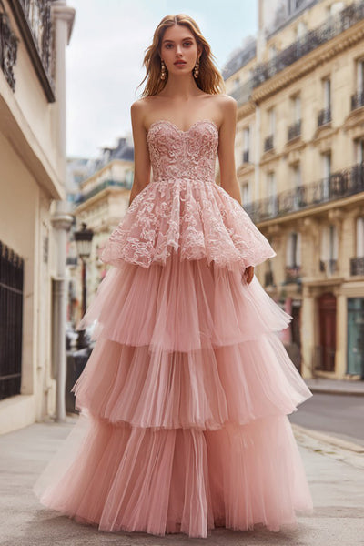 Pink Tulle Strapless Long Ruffled Prom Dress with Lace