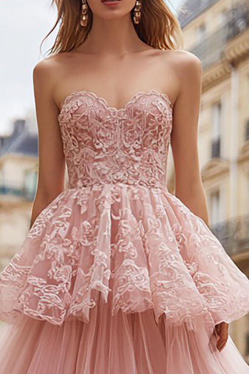 Load image into Gallery viewer, Pink Tulle Strapless Long Ruffled Prom Dress with Lace