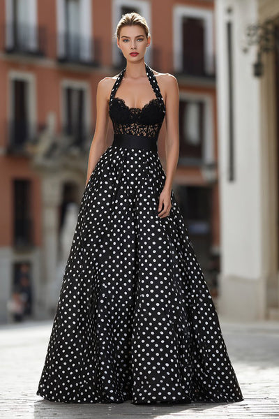 Black and White Polka Dots Halter Long Corset Prom Dress with Lace