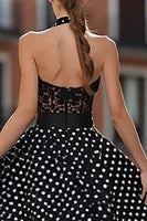 Load image into Gallery viewer, Black and White Polka Dots Halter Long Corset Prom Dress with Lace